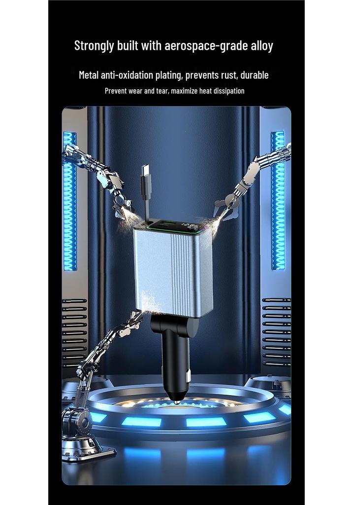 Fast-Charging Car Charger with Ambient Light and 3-Way Cigarette Lighter Converter, Type-C Retractable Flash Charging