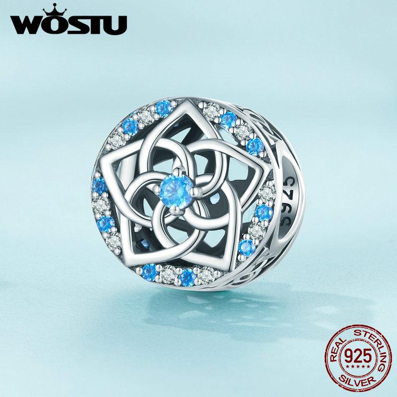 

WOSTU стерлингового серебра 925 пробы синие и белые цирконы полые цветочные бусины подвески для женщин браслет и ювелирные изделия своими руками