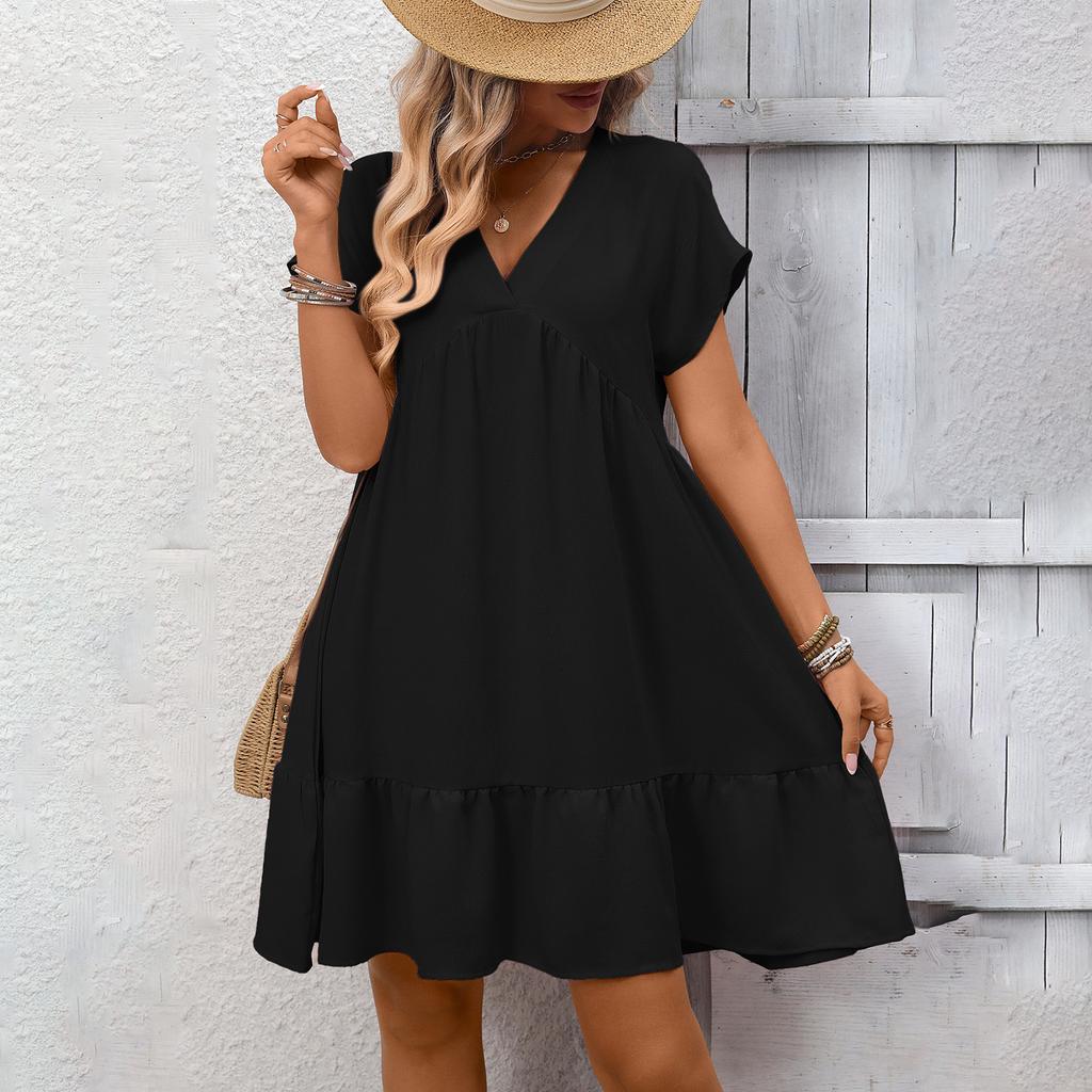 Women's Fashionable Solid Color V-neck Short Sleeved Ruffled Holiday Loose Dress
