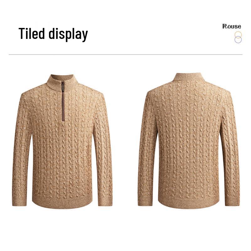 Luosi Men's Autumn/Winter 12-Gauge Thick Cable Knit Stand-Collar Half-Zip Wool Sweater