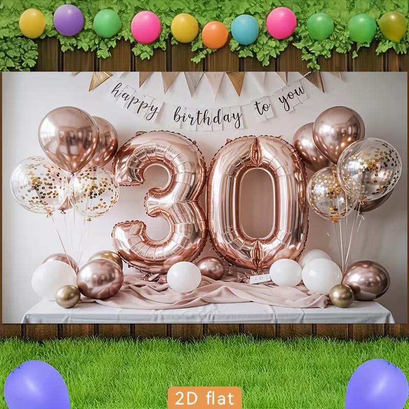 2D 30th Birthday Photography Backdrop Rose Gold Balloon & Banner Party Background