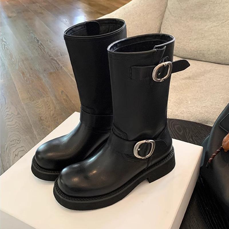 

Yuanlitong autumn and winter new fashion medium tube stacking boots soft leather casual style Korean version women s boots wear sweet sister knight 34