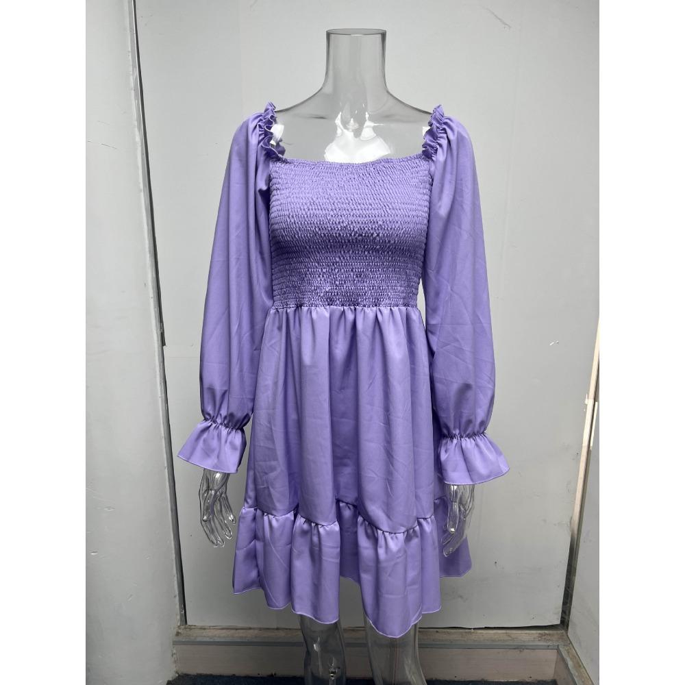 European and American French Simple Square Collar Parallel Crepe Sewing Body Ruffled Hem Dress
