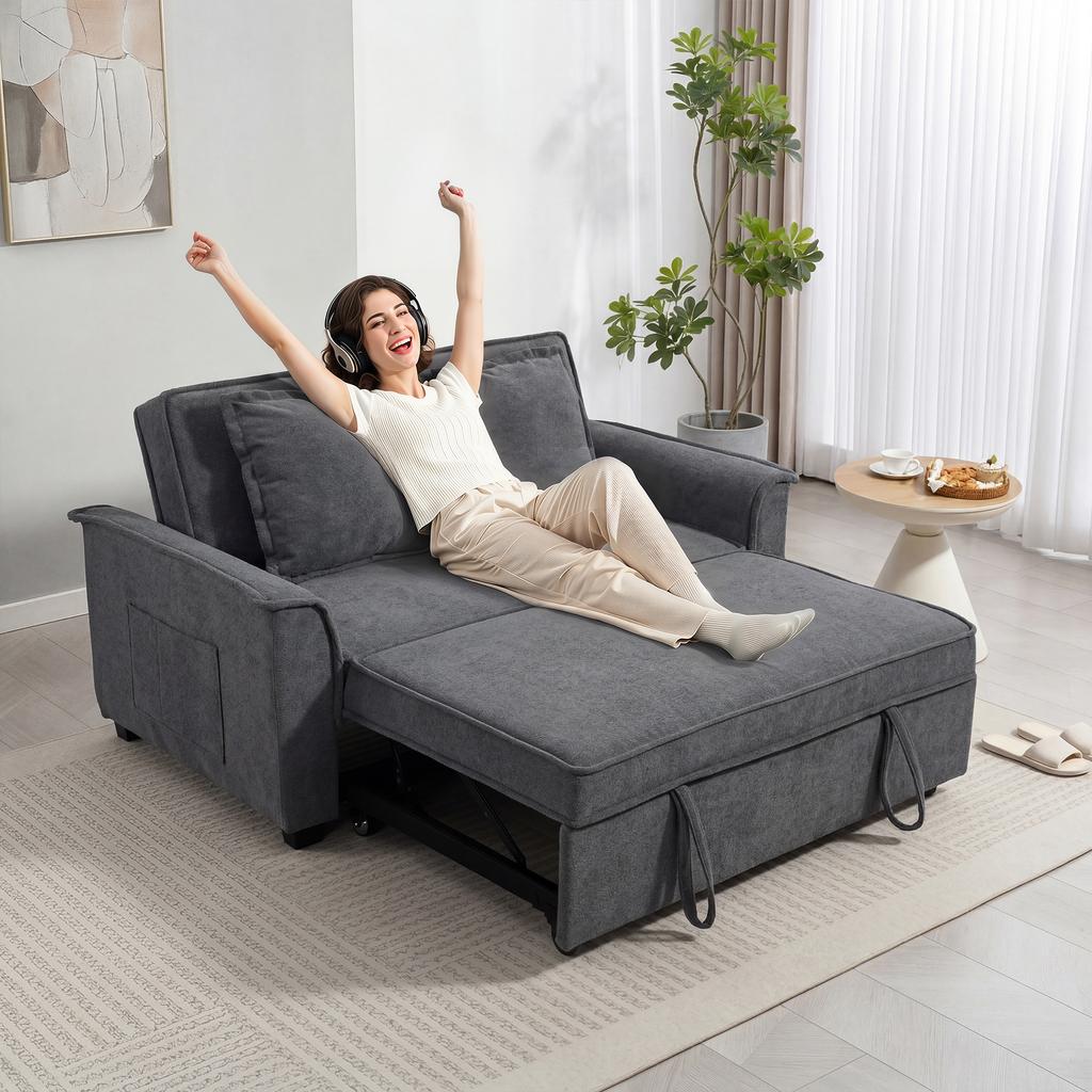 Futon Sleeper Sofa, Adjustable Backrest, 2-Seater with 2 Cushions, Dark Grey
