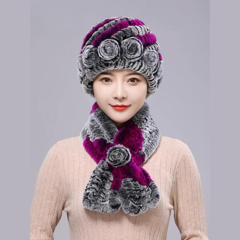 New Rex Rabbit Hair Hat Women's Winter Outdoor Scarf Set Warm Ear Protection Middle-aged and Elderly Fur Fashion