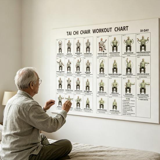 30-Tage Stuhl-Tai-Chi-Übungsplakat für Senioren Leinwanddruck Übungskarte mit sitzenden Haltungen Fitnessgeschenk für ältere Anfänger Physiotherapie