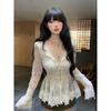 Women's Lace Long Sleeve Blouse Deep V-Neck Button Front Ruffled Peplum Sheer Top for Party Daily