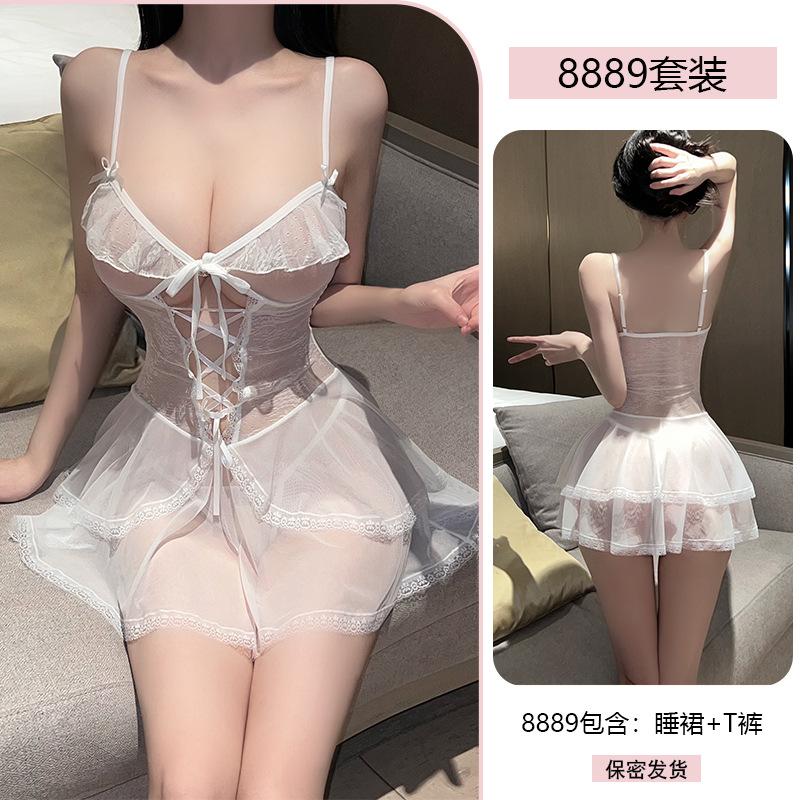 Original Sexy Pure Desire Style Lace Seductive Halter Nightgown Women's Romantic Underwear See-through Uniform Pajamas 8889