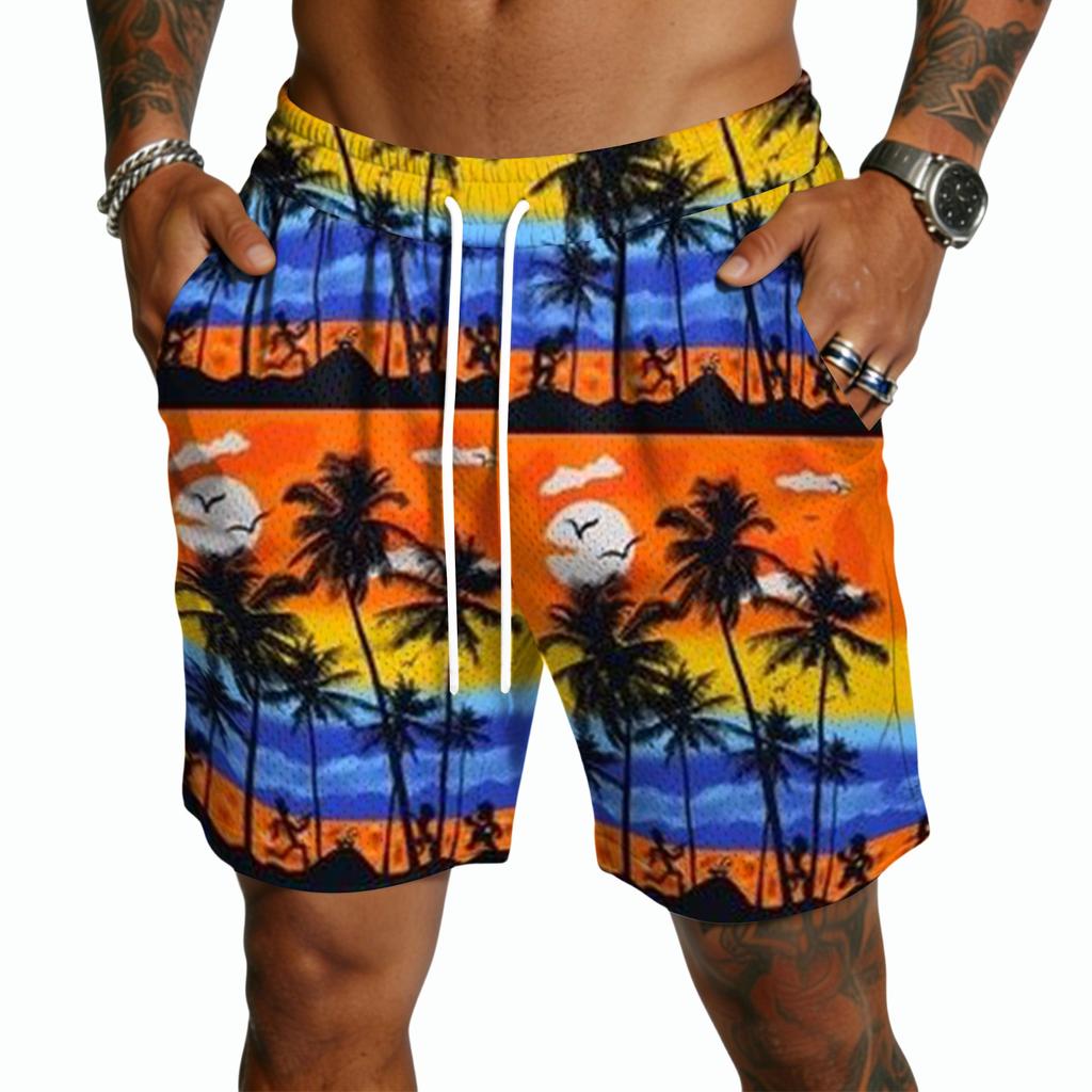 Herren Freizeitshorts mit Kordelzug Leichte Schnelltrocknende Fünf-Punkt-Länge Strandbekleidung Sommerhose mit Hawaiianischem Aufdruck