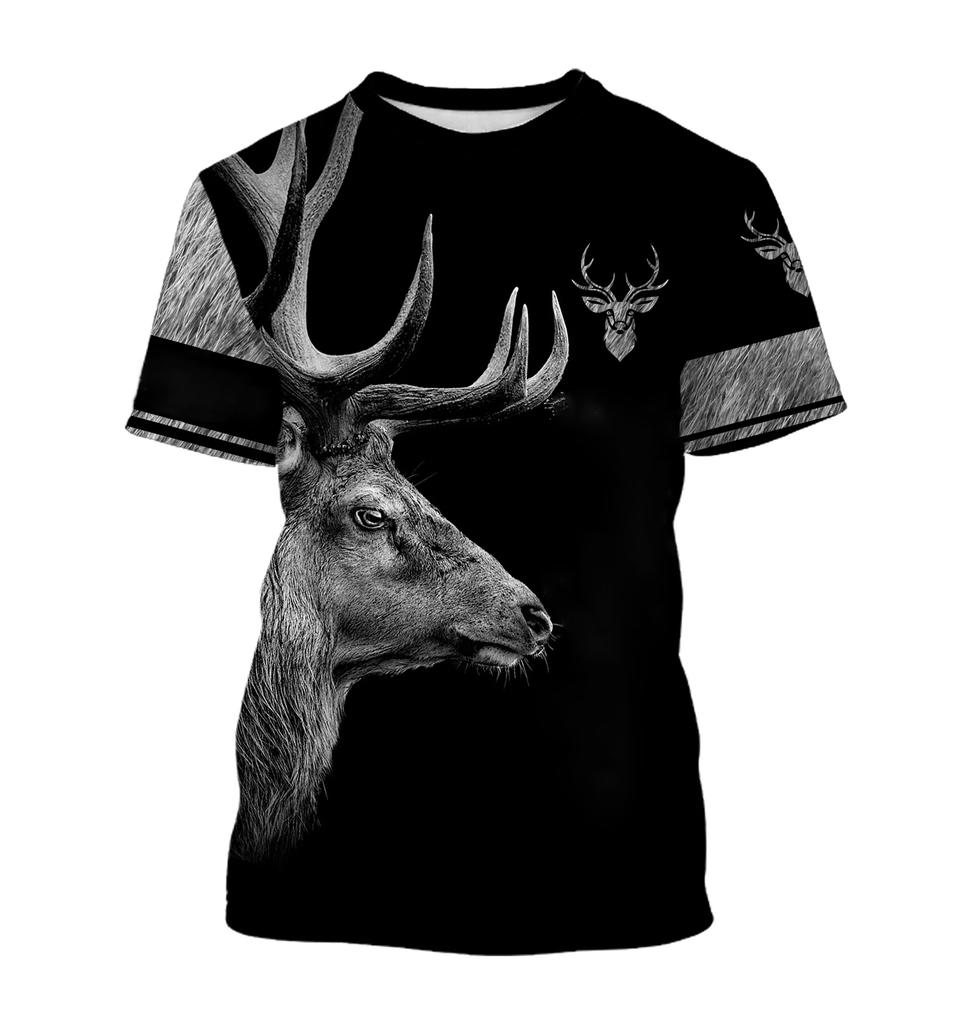 2024 Men's Hunting Deer Pattern Printed Summer O-neck T-shirt Casual Short Sleeve Fashionable Street Clothing Men's Clothing