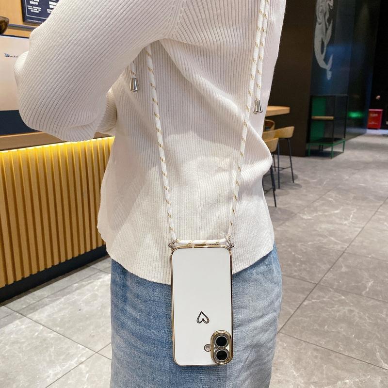 Husă Moale TPU cu Placare cu Imprimeu Inimă Iubire Pentru iPhone 16 Pro Max 15 Pro 14 Pro 13 12 11 Șnur Crossbody Rezistentă la Șocuri Protecție Obiectiv Husă Luciosă pentru Telefon