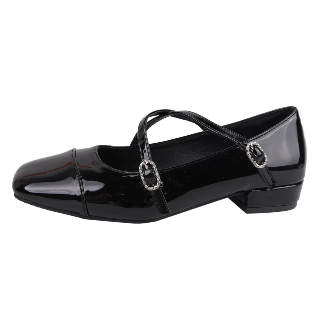 

Новые модные кожаные туфли женские балетки ретро на толстом каблуке туфли Мэри Джейн на среднем каблуке с перекрестной пряжкой мягкая подошва плоская 39 чёрный