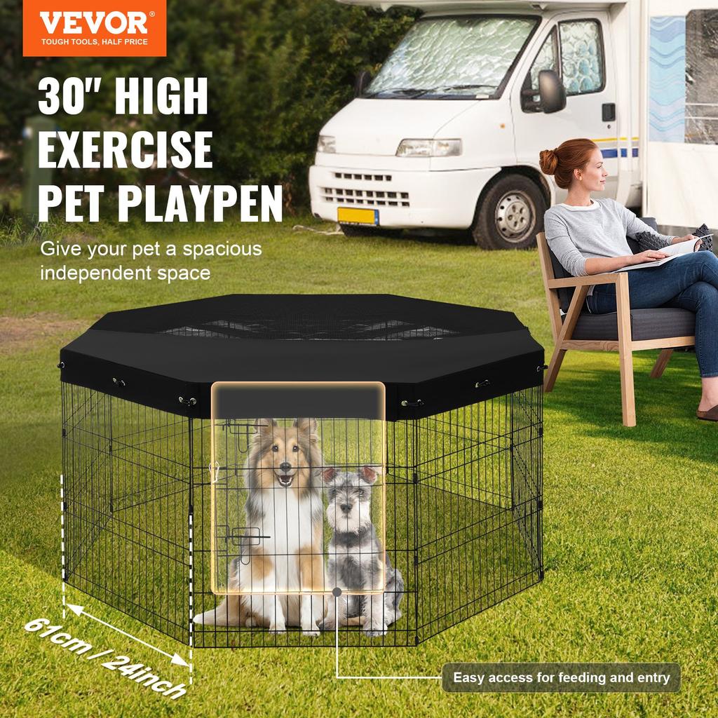 VEVOR Dog Playpen, 8 Pcs 30"H x 24"W Panels Foldable Metal Pet Exercise Pen, Dog Fence Indoor and Outdoor Pen with Door
