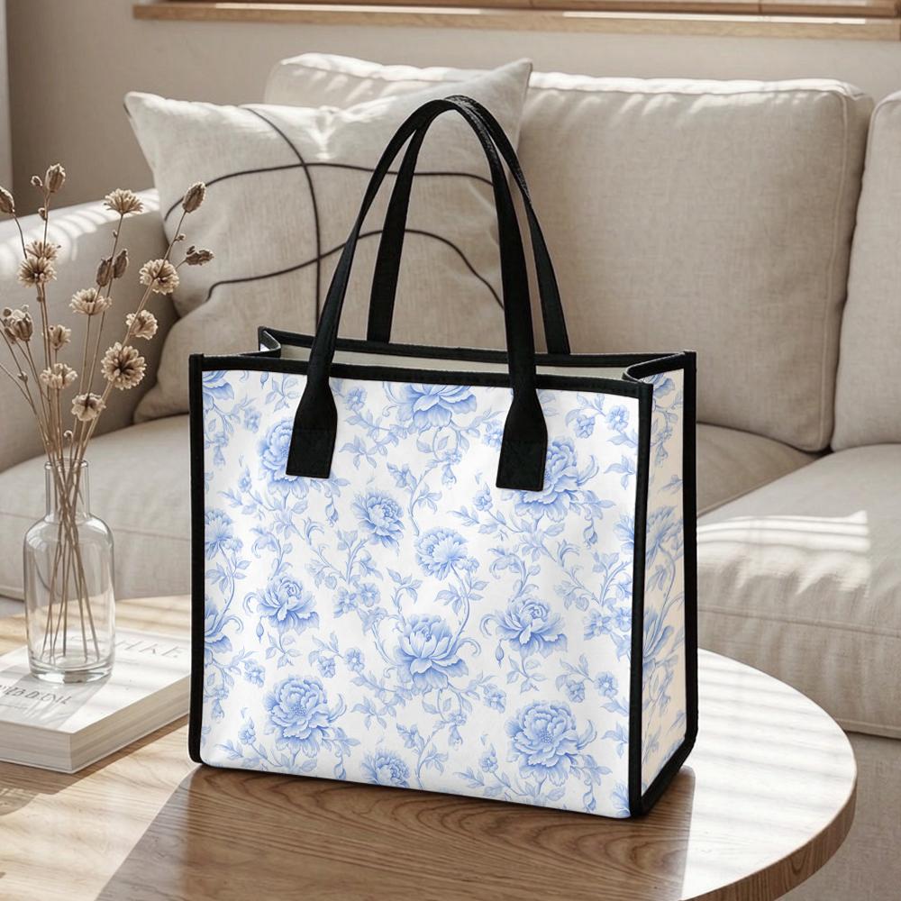 Elegant Blue Floral Pattern Tote Bag Casual Large Capacity Portable Shopping Handbag for Daily Use