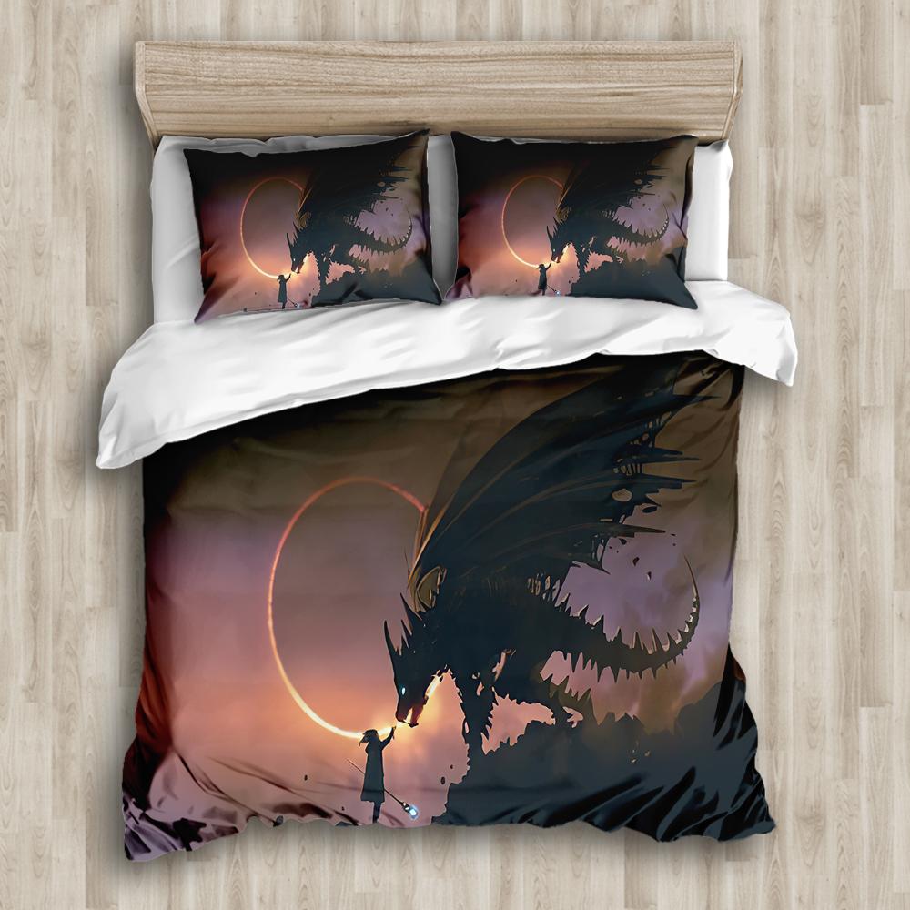 Sada povlečení s drakem King Queen Twin Full Size 3D potisk Obrovský létající drak Šedá Červená barva pro chlapce dívky Polyesterová sada povlečení