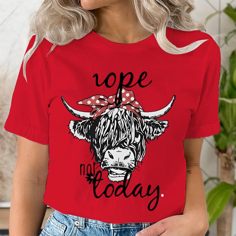 Women Funny T Shirts Cute Hairy Scottish Highland Cow TShirt Round Neck Casual Tops Women Cow Head  Letter Print Short Tshirt