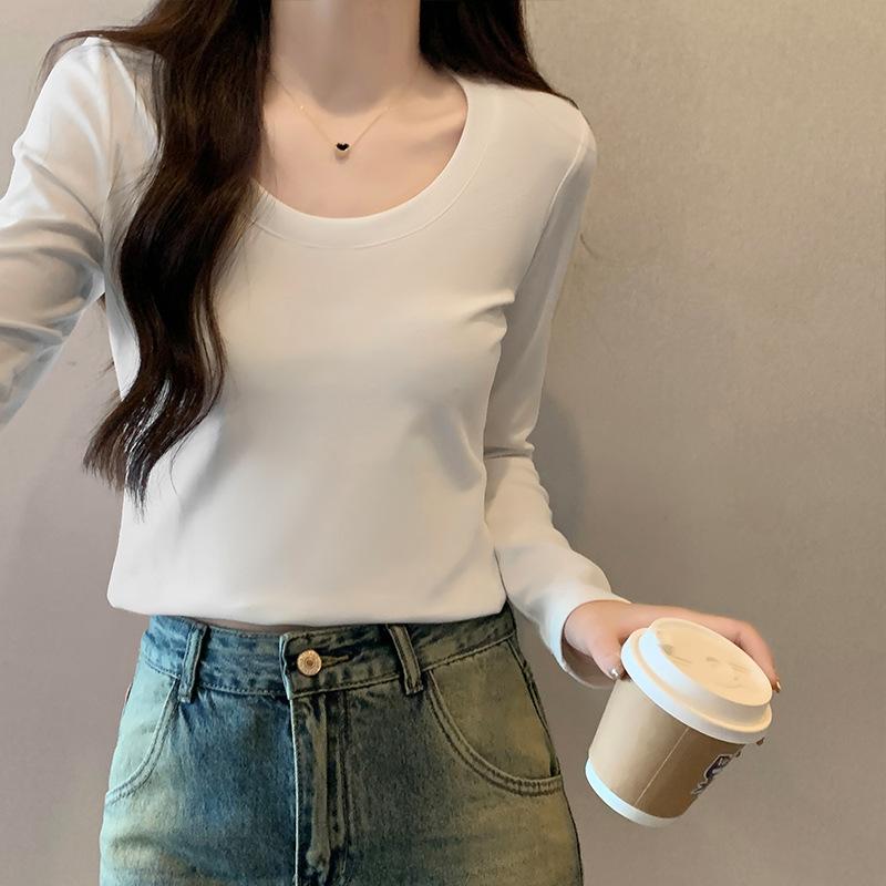 White Gray Cotton Large U-neck Long-sleeved T-shirt for Women In Autumn and Winter Design Revealing Clavicle Elastic Slim Base Top