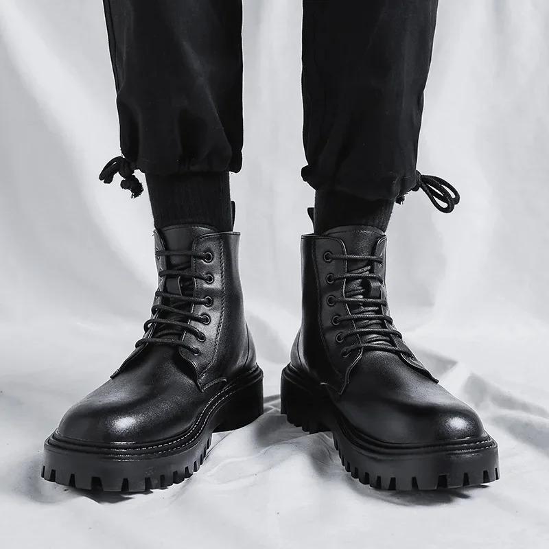 Herren Hohe Knöchelboots Designer Bequem Dicke Sohle Freizeitschuhe Mann Lederstiefel Motorradstiefel Botas