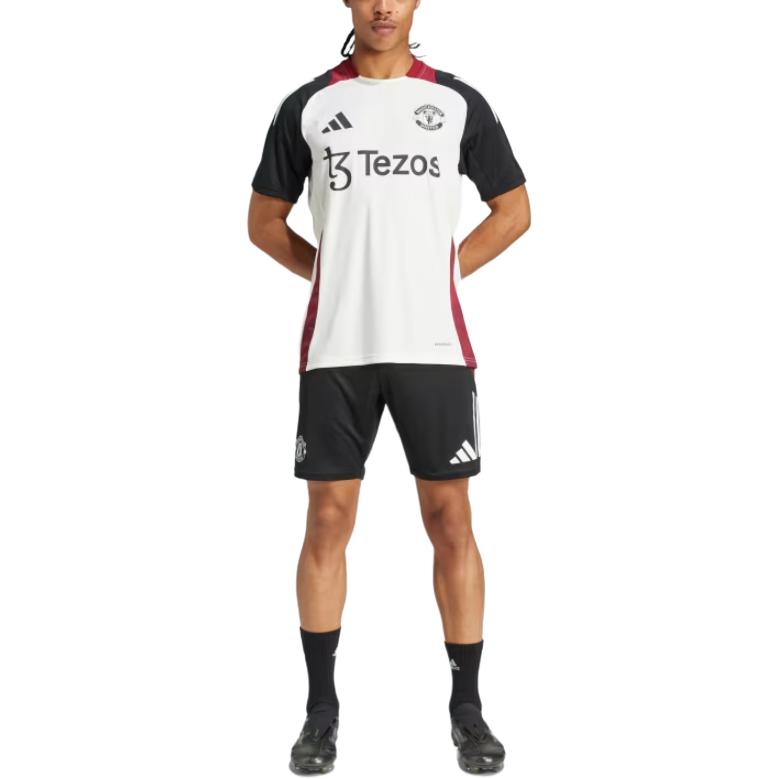 adidas Tiro 24 Manchester United Maglia da Allenamento a Righe Minimalista Versatile Sportiva a Maniche Corte da Calcio Uomo Top Bianco Sporco Nero JE3726
