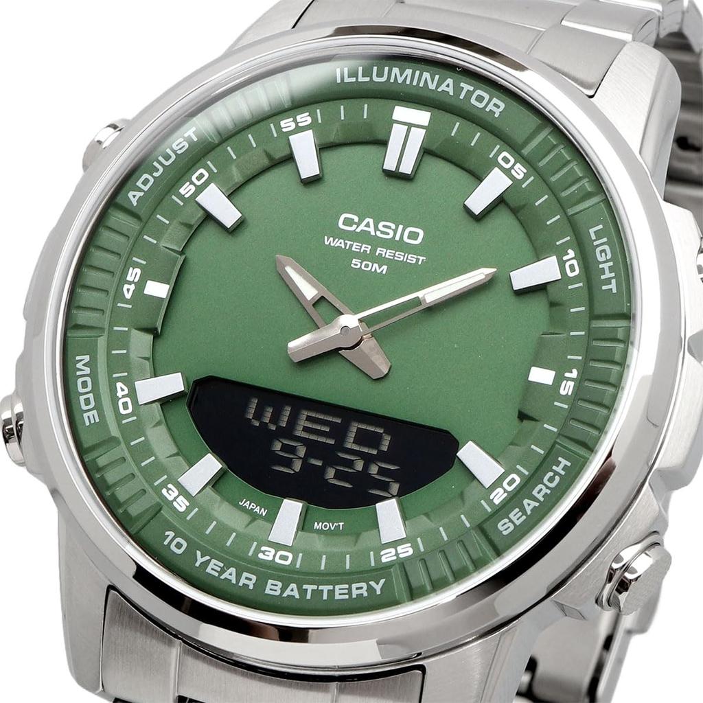 CASIO AMW-880D-3AV Men's Automatic with Manual Winding Watch, Green, Stainless Steel Case, 5 ATM Water Resistance, World Time, Alarm