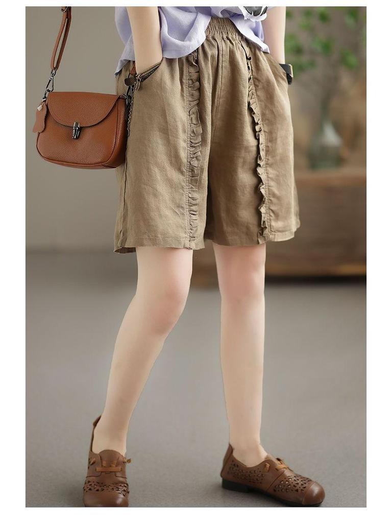 Women's Retro Pleated Cotton-Linen Harem Shorts – Casual, Loose, Elastic Waist for Spring/Summer