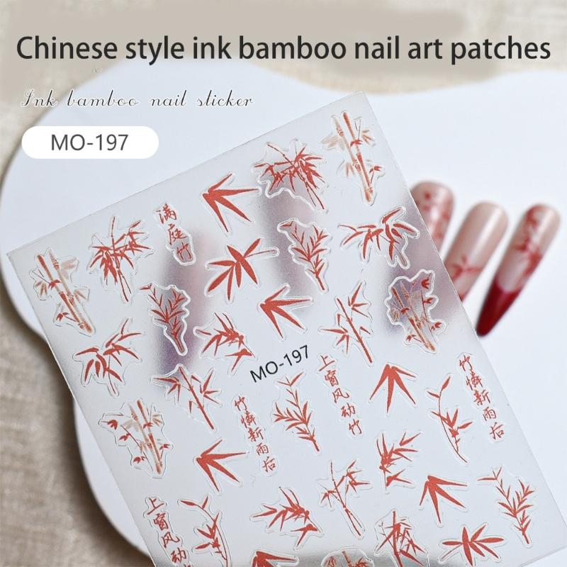 Chinese Style Nail Sticker Nail Decals Embossed Self Adhsive Sticker Chinese Bamboo for Women Girls DIY Nails Manicure