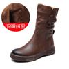 Women Boots Autumn Winter Plush Warm Mid Calf Boots Round Toe Zipper Pleated Thick Bottom Leather Cotton Boots