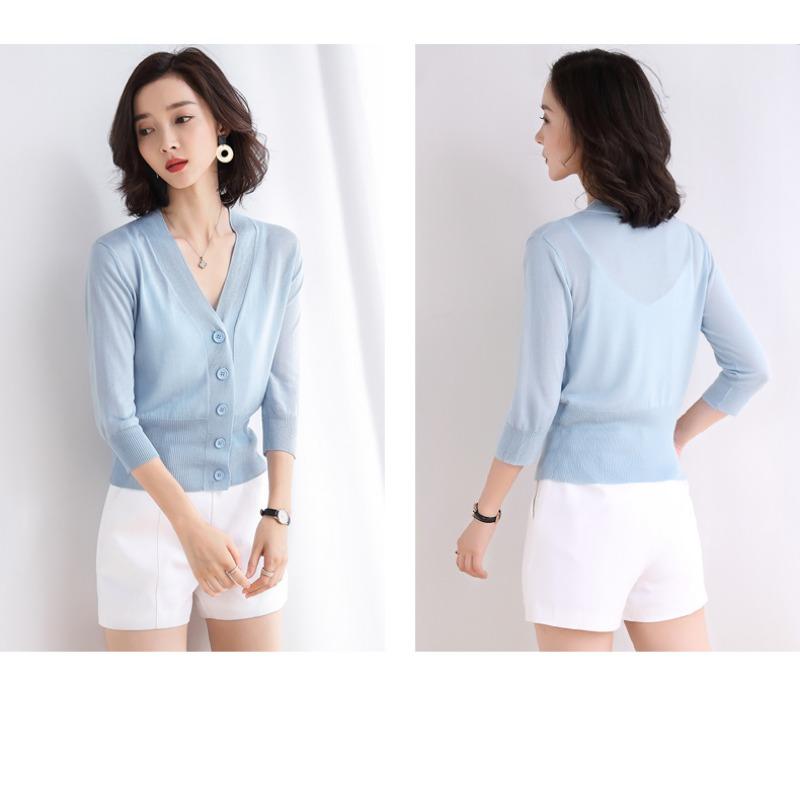 Summer V-neck Ice Silk Knitted Cardigan Shirt Women's Thin Outer Short Coat Long Sleeve Casual Simple Jackets Ladies Solid Color Clothes 3091