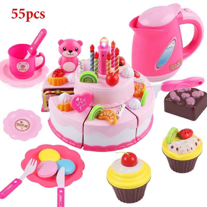 

Role Play Pretend Kitchen Toy Happy Birthday Cake Food Cutting Set Gift Kids Pink-55pcs