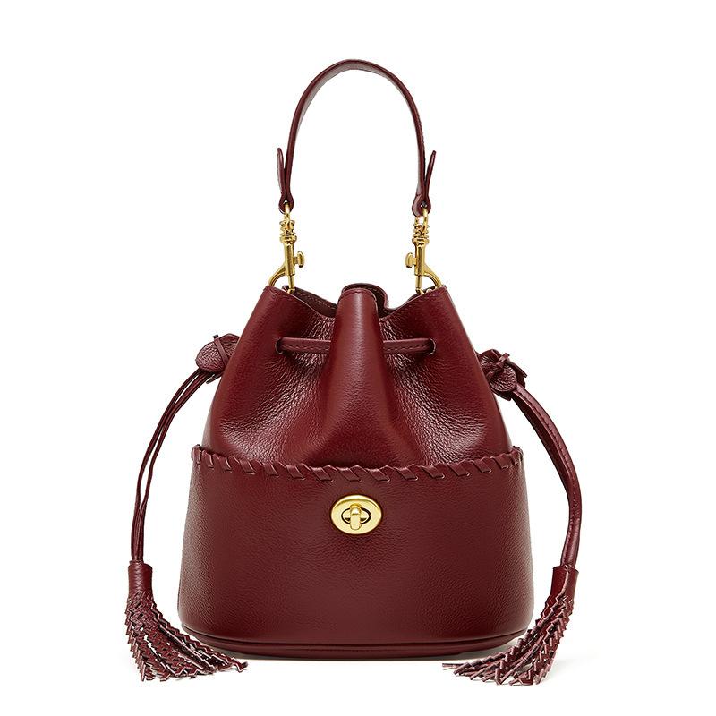 Women's Bag First-layer Cowhide Handbag New Leather Fringed Bag High-end Drawstring Design Shoulder Messenger Bag
