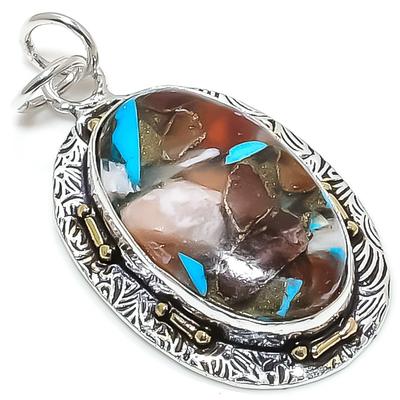 Natural Spiny Oyster Gemstone 925 Sterling Silver Two Tone Pendant 1.97" s7U65