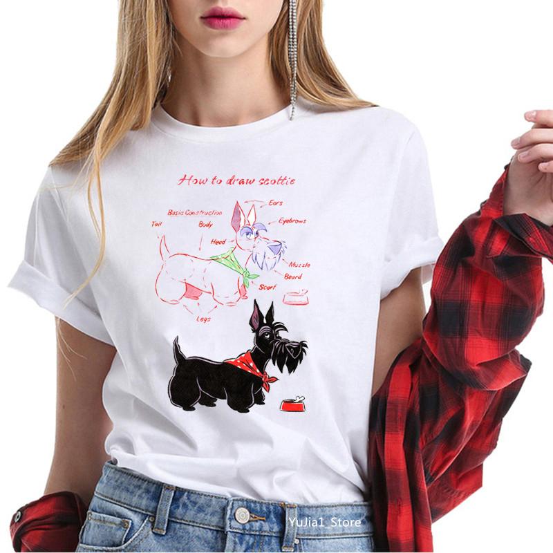 Cute Cartoon T-shirts for Women Harajuku Kawaii Scottish Terrier Animal Print Tee Shirt Femme Summer Cute Tops Dog Lover T Shirt