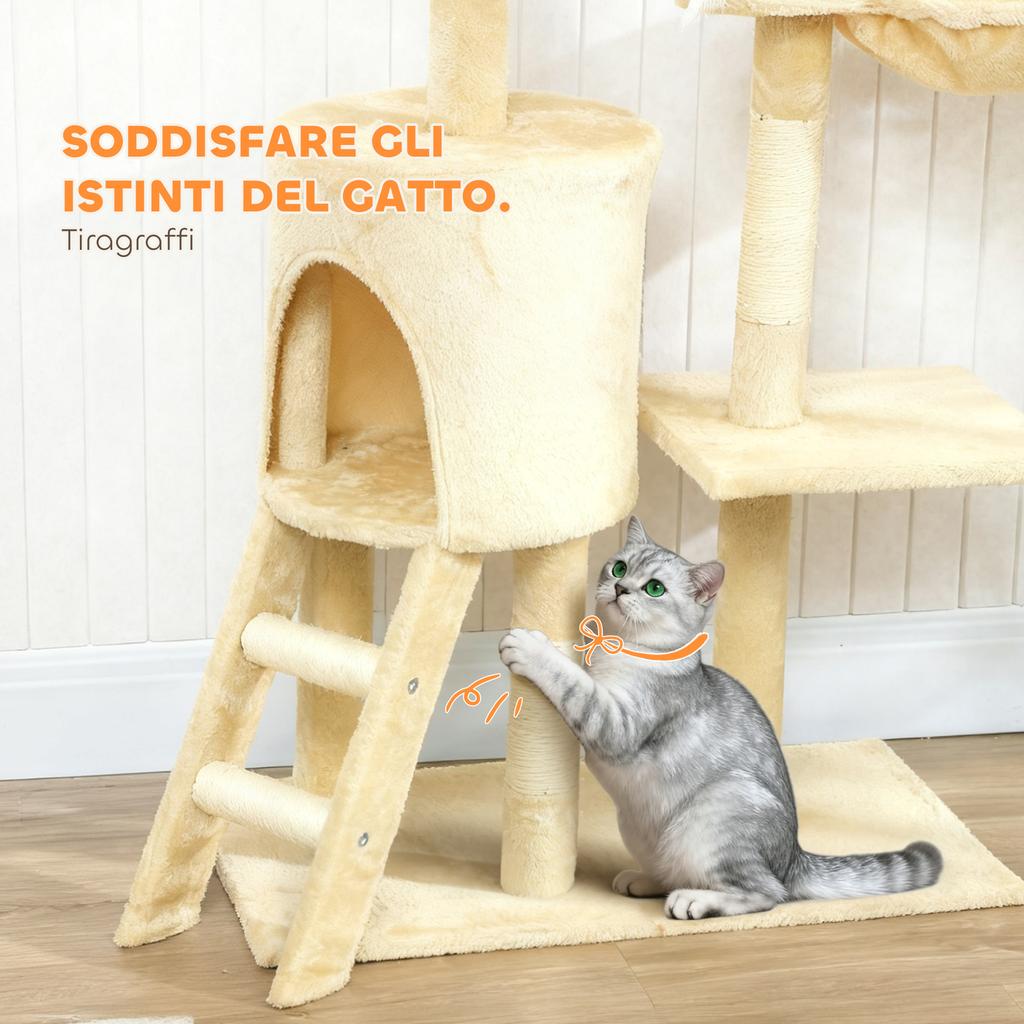 Cat Tower with House, Perch, Platforms and 4 Hanging Mice, 60x35x134 cm, Beige
