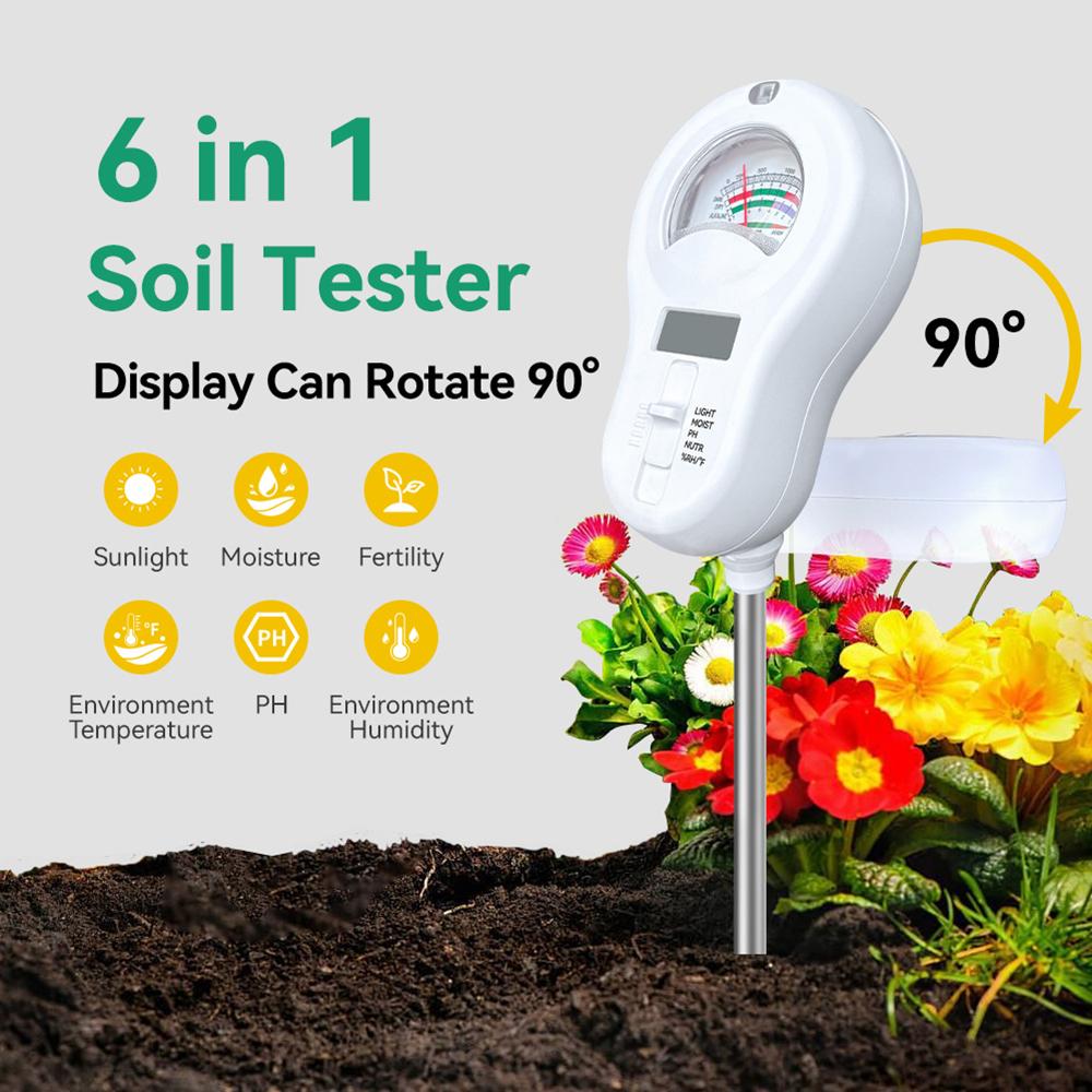 6 In 1 Soil PH Meter Rotatable Backlit Display Analyzer Moisture Sensor Soil Tester Garden Tool
