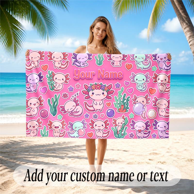 Axolotl Theme Quick Dry Beach Towel Custom Name Text Print Large Sand Resistant Towel Beach Vacation