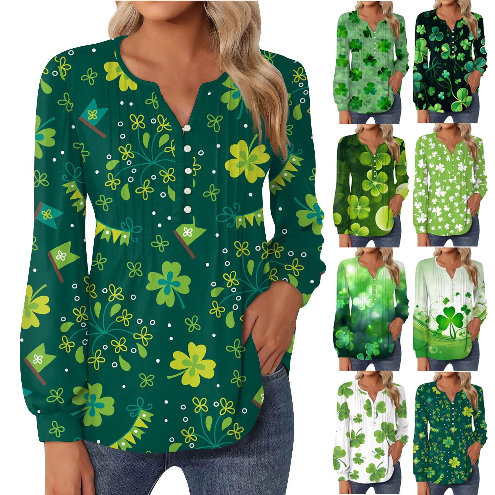 

Женский топ St. Футболка с круглым вырезом и длинными рукавами, плиссированная, на пуговицах, с принтом ко Дню Святого Патрика