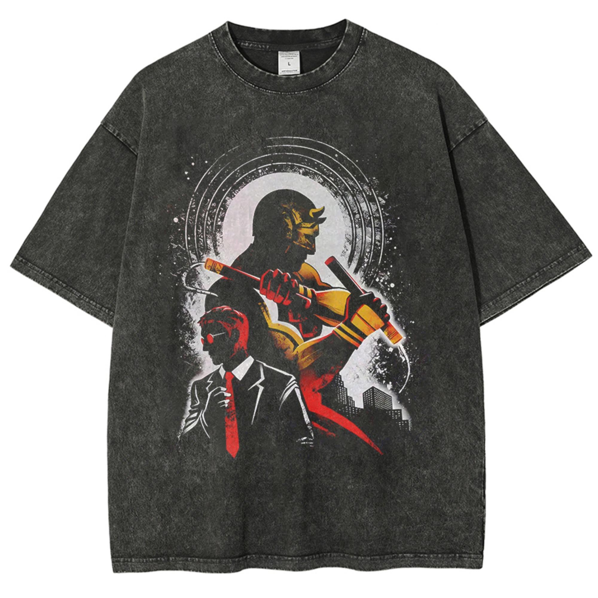 

Retro Superhero Graphic Tshirt Vintage s Bootleg Style Vigilante Hero Tee Rain City Night Streetwear Oversized Cotton Men Top M