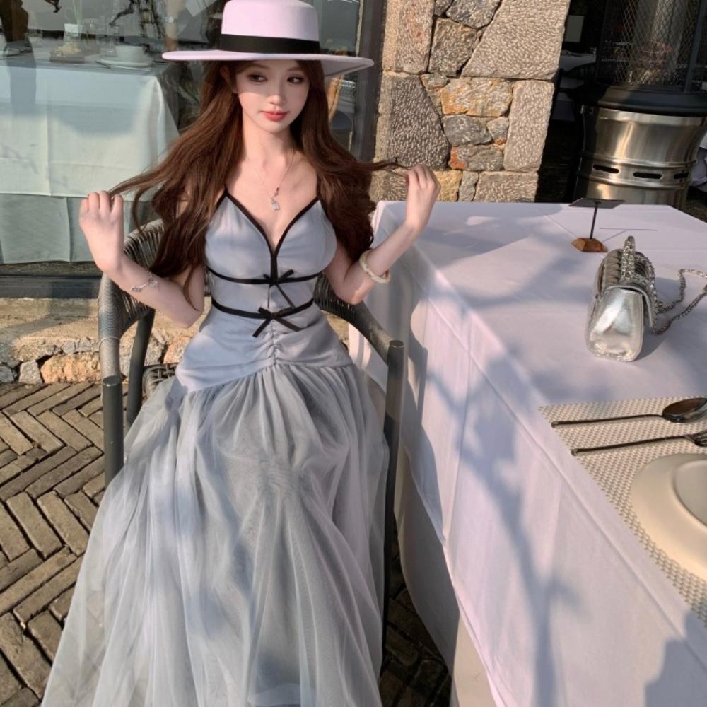Women's Mesh Strapless Dress 2026 Spring Summer New Arrival V-neck Bowknot Deco Long Maxi Dresses Female