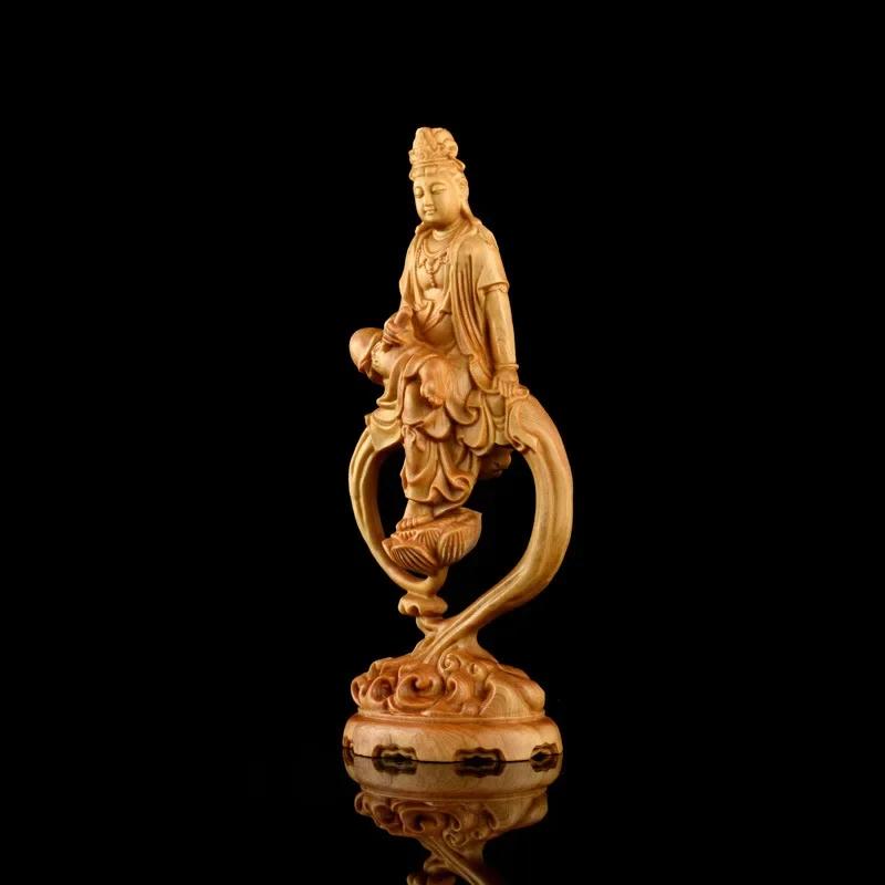 Wooden Guanyin Buddha Bodhisattva Statue Hand-Carved , Buddhism Figure Home Room Office Feng Shui Statue
