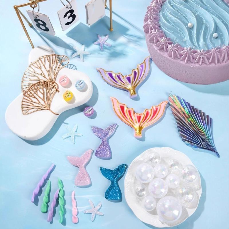 Sea Creature Themed Cake Top Set with Tail Shell and Starfish Pieces, 40 Piece Cake Decoration Set for Birthday and Party Tables