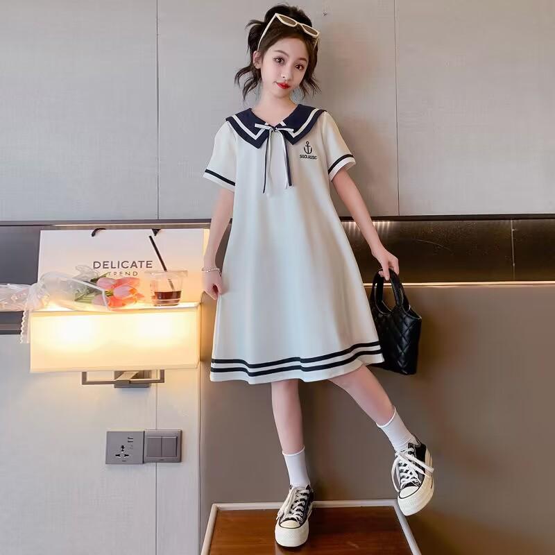 Summer Student Academic Girls Party Dress Jk Bow Sailor Collar Teens Striped SHORT SLEEVE Clothes Toddler 4 8 10 12 14 Year