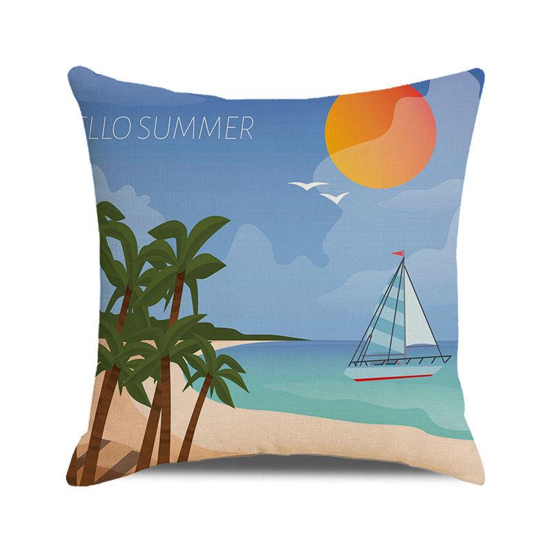Watercolor Summer Beach Digital Printing Short Plush Pillow Covers for Car Sofa Office Cushion Cover Home Goods 60x60cm