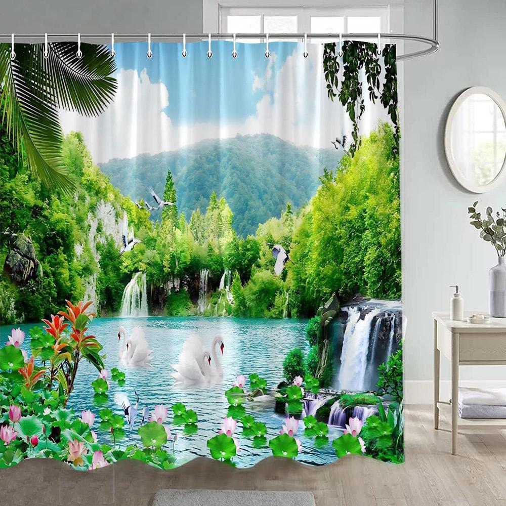 Rustic Waterfall Landscape Shower Curtains Nature Forest Lake Lotus Swan Chinese Style Bathroom Curtain Home Decor With Hooks