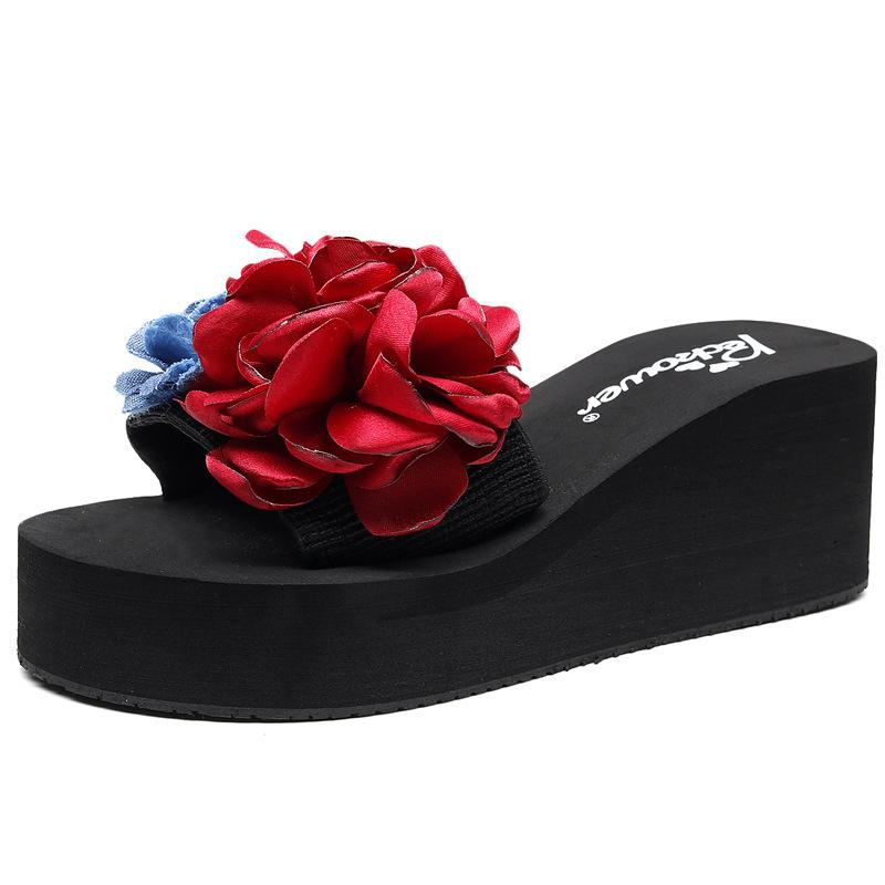 

Large size high heel one-word drag women s non-slip fashion beach shoes cool slippers flower sandals 41 небо синє кольору