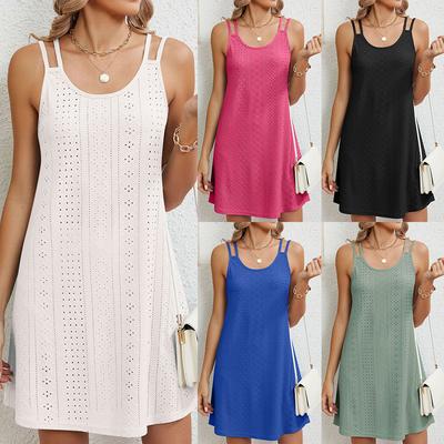 Vestido de Verão Feminino Vazado Respirável de Alças Cor Sólida Lazer Férias Gola Redonda Sem Mangas Praia Mini Vestido S-2XL