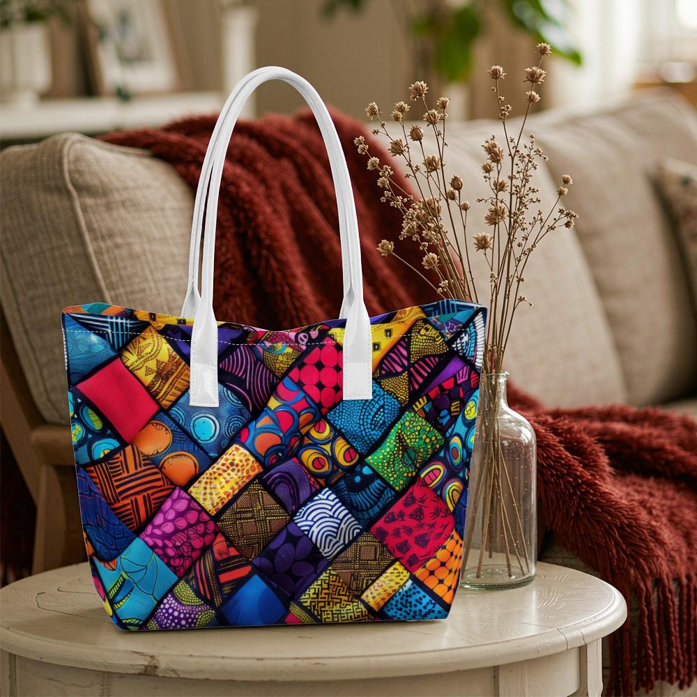 Vibrant Geometric Pattern Daily Tote Bag Casual Ladies Portable Fashion Shoulder Handbag for Outdoor Shopping