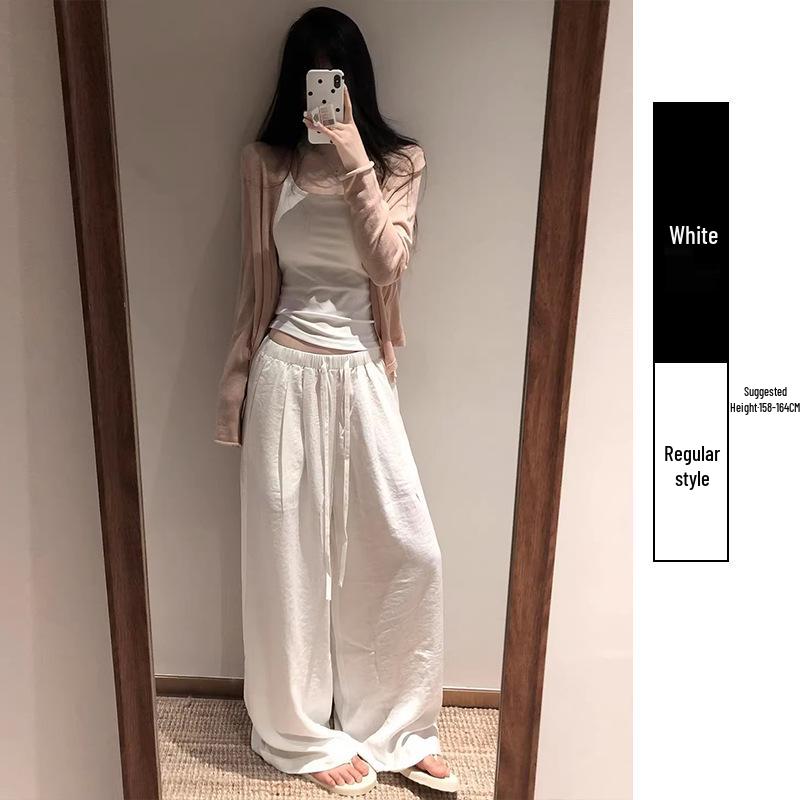 Women's White Linen High-Waisted Wide-Leg Pants - Spring Style, Drapey, Sun Protection, Cotton-Blend Casuals