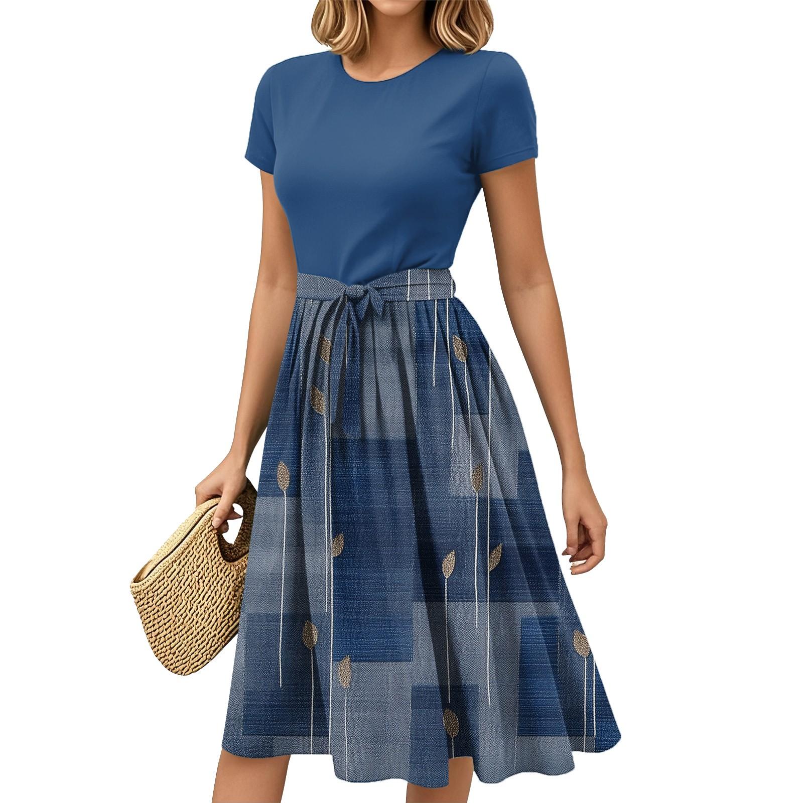 

Жіночі Модні Повсякденні Сукні з Поясом, з Коротким Рукавом, з Круглим Вирізом, з Геометричним Принтом, Комбіновані, Елегантні, Темпераментні L синій