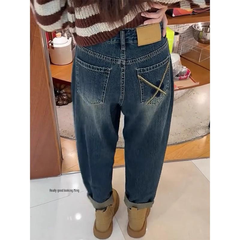 

Plus Size Fleece-Lined Retro Harem Jeans for Women - High Waist Loose Fit Winter 2024 L