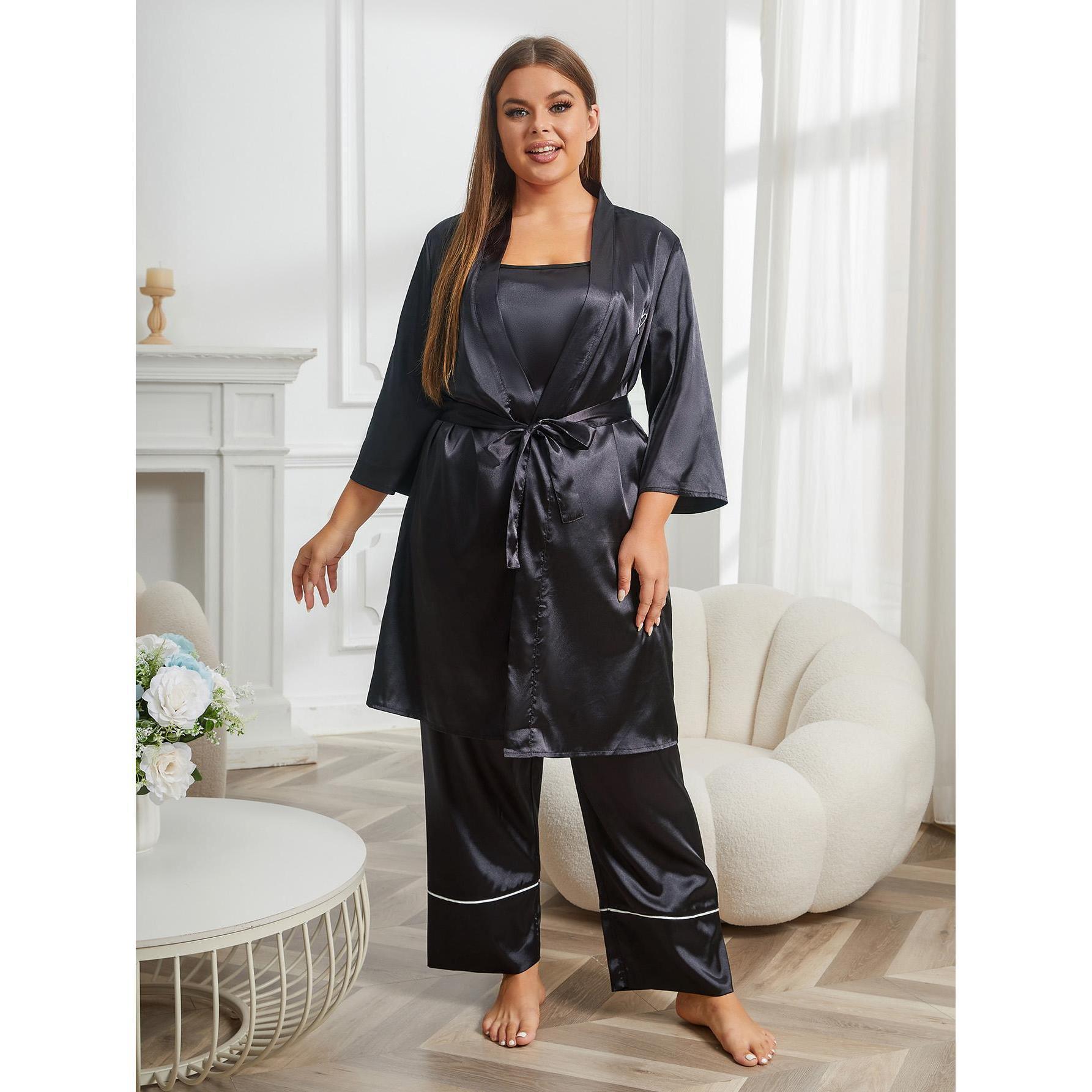 

Женские пижамы больших размеров, атласные легкие роскошные утренние халаты, брюки с лямкой на шее, одежда для дома, комплект из трех предметов 3XL чёрный